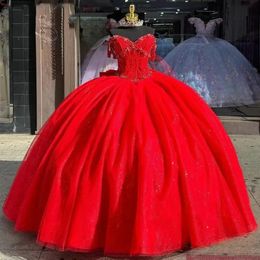Red Shiny Quinceanera Dress Ball Gown Off Shoulder Beading Crystal Bow Tull Mexico Sweet 16 Vestidos De 15 Anos
