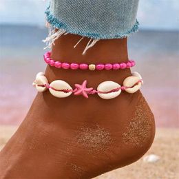 Anklets New Bohemian Starfish Conch Shell Bead Bracelet Suitable for Women Double Heart Bead Leg Chain Summer Beach Party Barefoot Sandals Jewellery d240517