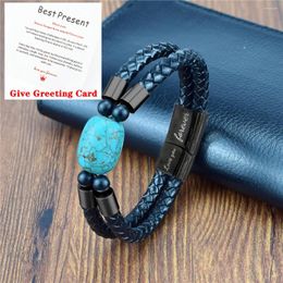 Charm Bracelets Natural Turquoise Barrel Beads Hand-Woven Leather Bracelet Classic Men'S Stainless Steel Jewellery Wrist Gift