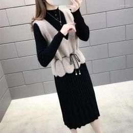 Work Dresses 2024 Spring Autumn Winter Women Clothes Sets Elegant Long Sleeve Sweater Dress Knitted Vest 2 Piece Set Outfits JW9755