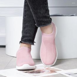 Fitness Shoes Summer Breathable Running Women Stretch Fabric Sock Vulcanize Slip On Girls Casual Hiker Pink Knitted
