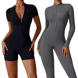 Summer Zipper Workout Jumpsuit Sports Overalls Women Clothing Running Fiess Suits Gym Tracksuit Short Sportswear Yoga Set L2405