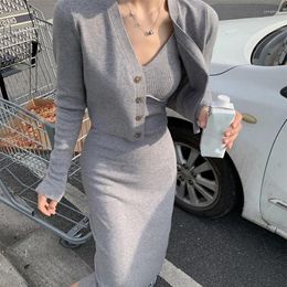 Work Dresses Korean Autumn Women Knitted Set Fashion Long Sleeve Sweater Cardigan Tops Sexy Bodycon Sling Dress Sets Elegant Suits