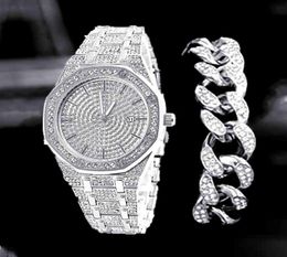 3Pcs WatchBraceletNecklace Hip Hop Miami Cuban Chain Gold Watch Iced Out Paved Rhinestones CZ Bling Rapper Men Jewelry Joyas8679551