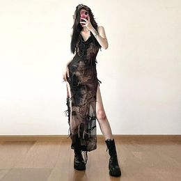 Casual Dresses Vintage Distressed Hooded Midi Goth Dark Grunge Y2k Style High Split Tassel Dress Female Sleeveless Tie-Dye Streetwear
