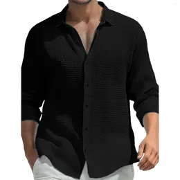 Men's Casual Shirts Solid Color Lapel Collor Vacation Shirt Men Summer Long Sleeved Beach Oversized Black White Male 2024 In