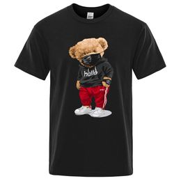 100% Cotton Sports Mask Bear Print Short-sleeved T-shirt male Half-sleeved Summer Casual Oversized T-shirt men Shirt S-XXXL 240517