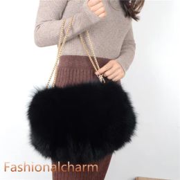 Lanyards Stylish Real Fox Fur Bag for Women, Hand Warmer Chain Shoulder Handbag Tote Purse Bag