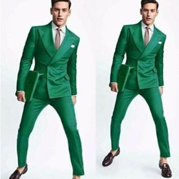 Green Strip Wedding Tuxedos 2 Pieces Double Breasted Peaked Lapel Groom Wear Party Prom Best Men Blazer SuitJacket Pants 1902