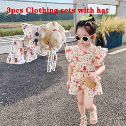 Clothing Sets 2024 Summer Children and Girls Fantastic Clothing Set Childrens Ruffled Top+Shorts Baby 3 piece Clothing Set with Sun Hat WX