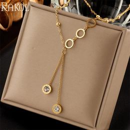Pendant Necklaces RAKOL Stainless Steel Roman Numerals Necklace For Women Gold-Color Fashion Zircon Long Girls Jewelry