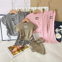 Deginers Girls Thin Short Sleeve Set Korean Baby Girls Pull Rope T Shirt+ Bell-bottom Pants Two-piece 3 Colors