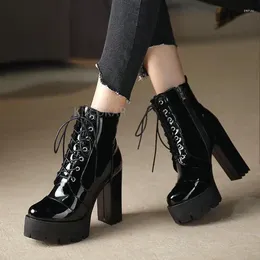 Boots Autumn And Winter Super High-heeled Short Women's Thick-heeled Waterproof Thick-soled Patent Leather