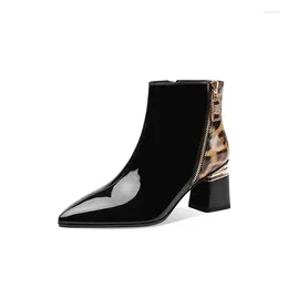 Boots Mstyle Glossy Pantent Leather Leopard Ankle For Women Chunky Heel Zip Up Pointed Toe Handmade Warm Women's Elegant Boot