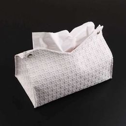 Tissue Boxes Napkins Solid color PU leather tissue box family living room Rattan pattern buckle desktop table napkin storage box J240514