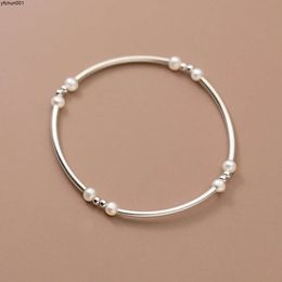 Aloqi 925 Sterling Silver Bracelet Pearl Elbow Elastic Rope Light Round Ball Small and Compact Girlfriend S5354