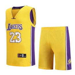 trackuit men LakerJames jersey mens breathable two piece sweatsuit wicking embroidered basketball jersey suit set in white purple and yellow plus size 3XL