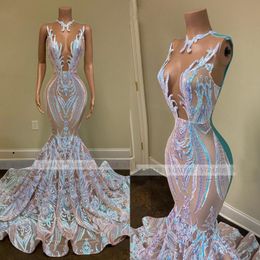 2022 Black Girls Sparkly Sequined Lace Long Prom Dresses Sexy sheer Jewel Neck Mermaid African Sequins Women Gala Evening Party Gowns r 226n