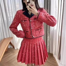 Women's Knits Women Early Spring Year Red Contrast Turn Down Collar Sequined Beaded Jacket/same Style Mini Pleated Skirt