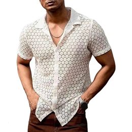 Plus Size Summer Men Shirt Sexy Hollow See-through Lace Flower Pattern Short Sleeves Mid Length Beach Shirt Top 240516