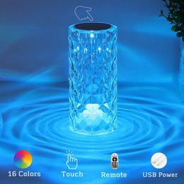 Crystal Table Lamp for Bedroom 16 Colors Touch/Remote Dimmable Night Light USB LED Bedside Diamond Rose Lamp 240516