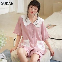 Women's Sleepwear SUKAE Kawaii For Women Summer Shorts Bubble Fabric Short Sleeves Woman's Pyjamas Leisure Turn-down Collar Lapel Pijama