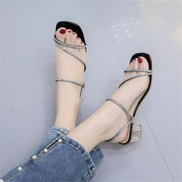 Sandals Little Women Fashion Summer Women'S Chunky Heel Rhinestone Strap Open Toe Casual Large Size Mens Slip On