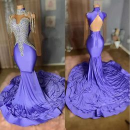 Lilac Mermaid Purple African Prom Dress For Women Sier Diamond Crystal Backless Evening Celebrity Gown Robes De Soiree 0517