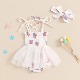 Clothing Sets Baby Girls Independence Day Romper Dress Sleeveless Flag Print Tulle Patchwork With Headband 2 Pieces