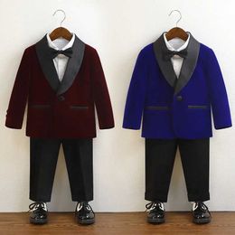 Suits Boys Purple Velvet Blazer Jacket Pants Bowtie Photograph Suit Kids 1Year Birthday Dress Children Wedding Performance Evening Set Y2405161J6U