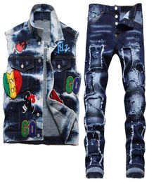 Summer Vest Jeans 2 Pieces Tracksuits Retro Motorcycle Men039s Sets Rock Badge Embroidered Waistcoat and Ripped Patch Stretch P1839930
