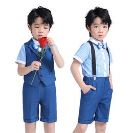 Summer Blue Boys' Teenage Vest Bib Pants Piano Performance Costume (Shirt + Shorts + Bow Tie + Bib/Vest)