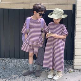 Short sleeve purple stripe Sibling look mother daughter kids Family tee matching outfits costume clothes baby girls 240515