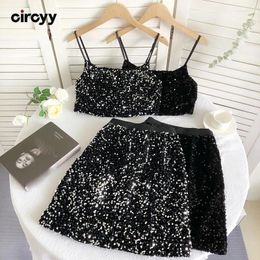 Work Dresses Circyy Sequins Skirt Sets Women 2024 Summer Short Spaghetti Strap Tank Tops 2 Piece High Waisted A-Line Slim Mini Skirts