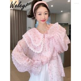 Women's Blouses Sweet Double-Layer Flower Edge Lapel Pink Bloouse Female Summer Elegant Woman Chiffon Long Sleeve Shirt Fashion Woman's Top