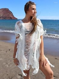 White Crochet Tunic Sexy Hollow Out See Through Short Sleeve Mesh Dress Women Summer Clothes Beach Wear Swim Suit Cover Up Q1409