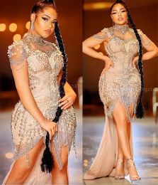 Dresses 2023 Plus Size Arabic Aso Ebi Luxurious Beaded Crystals Prom Dresses Lace Sheer Neck Evening Formal Party Second Reception Gowns D
