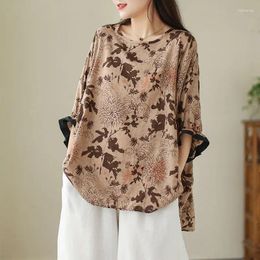 Women's Blouses Temperament Printing Summer Round Neck Cotton Asymmetric Patchwork Fashion Short Sleeve Loose Fitting Shirt Tops