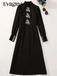 Casual Dresses Evagina Fashion Runway Designer Women's Standing Collar Long Sleeve Nail Bead Black Vintage Dress
