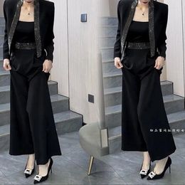 Women's Two Piece Pants Fashion Suit Female Spring 2024 High-grade Heavy Industry Cardigan Jacket High Waist Wide-leg Two-piece