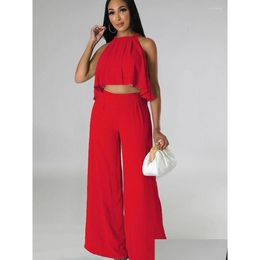 Womens Two Piece Pants Sexy Chiffon Set For Women Summer Sleeveless Ruffles Crop Top Loose Wide Leg Suit Casual Vacation Outfit Drop Dhdbn