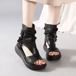Boots Handmade Genuine Leather High-Top Roman Sandals Top Layer Cowhide Platform High Heel Hollow String Summer Ankle