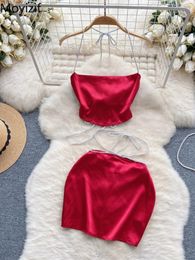 Work Dresses Summer Chic Spicy Girl Skirts Set Bra Tie Up Short Slim Tank Top Sexy Hip Wrap Skirt Red Two Piece Women Outfits