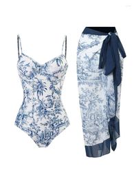 Women's Swimwear Blue Retro Printed Elegant Swimsuit Women 2024 High Waisted Open Back Steel Support Push Up With Chiffon Beach Skirt