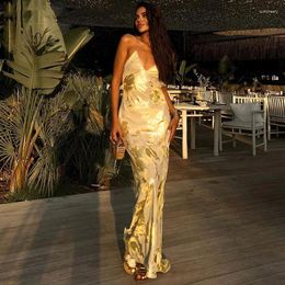 Casual Dresses Metallic Slip Maxi Dress Spaghetti Strap Backless Long Women Luxurious Evening 2024