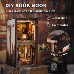 CUTEBEE Book Nook Miniature Doll House Kit Bookshelf Insert With Touch Light Dust Cover DIY Booknook Gifts Rose Detective Agency 240516