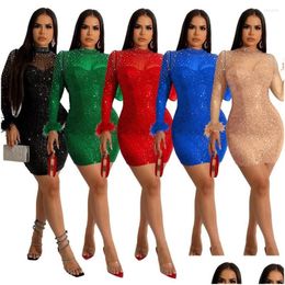 Womens Tracksuits Sexy Sequined Sparkly Party Dress Women Rhinestone Mesh Birthday Dresses Autumn Feather Long Sleeve Bodycon Drop D Dha7H