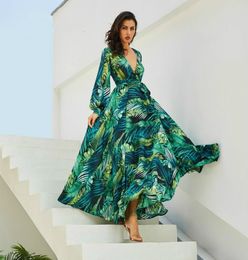 Long Sleeve Dress Green Tropical Beach Vintage Maxi Dresses Boho Casual V Neck Belt Lace Up Tunic Draped Plus Size Dress3929676