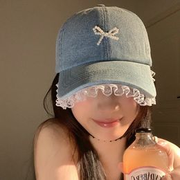 Denim Diamond Bow Kont Baseball Cap Korean Y2k Fashions Lace Baseball Hip Hop Hat Summer Designer Sun Protection Beach Hat 240517