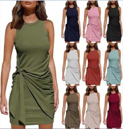 Women Summer Dress Sleeveless round neck pleated BOW BELT Slim SXXL high quality 14 colors6640552